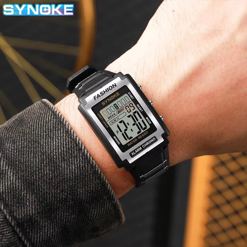 Men Rectangular Sports Electronic Watch Waterproof 50M Night Light Large Screen Alarm Clock Trend Retro Style